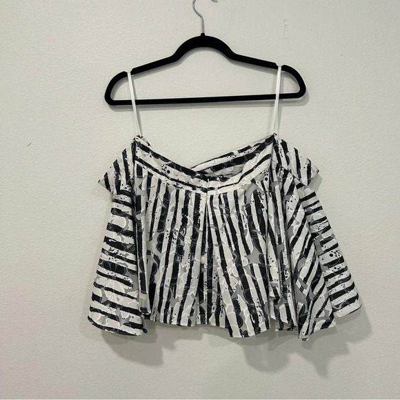 Milly Rosa Cady Striped Floral Off the Shoulder Bell Sleeve Top 2 - Picture 1 of 6